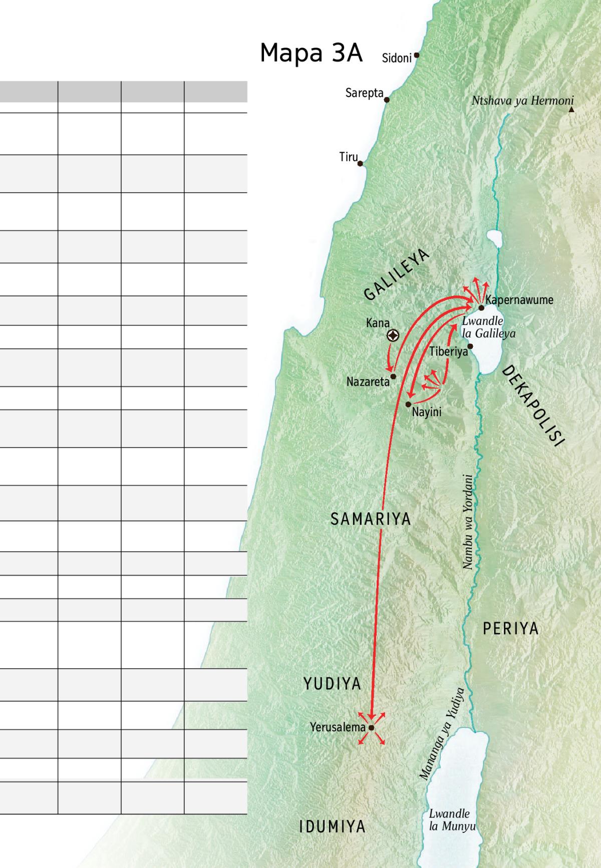 Mapa lowu kombisaka ntirho wa Yesu wa ku chumayela aGalileya, Kapernawume, Kana