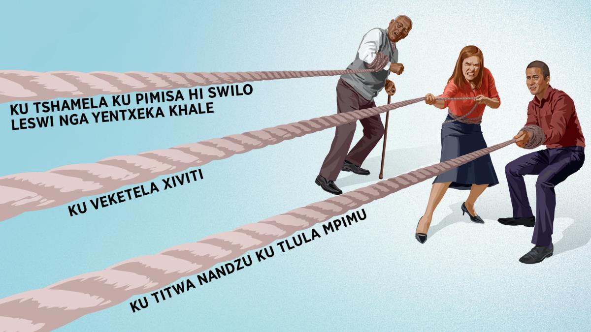 Vamakwerhu na va koka mapindza. Mun’we wa vona a gugile, mun’wana i wansati, kasi lweyi mun’wana i jovhem. Mapindza lawa ma tsaliwe swaku ‘ku tshamela ku pimisa hi swilo leswi nga yentxeka khale,’ ‘ku veketela xiviti’ ni swaku ‘ku titwa nandzu ku tlula mpimu’.
