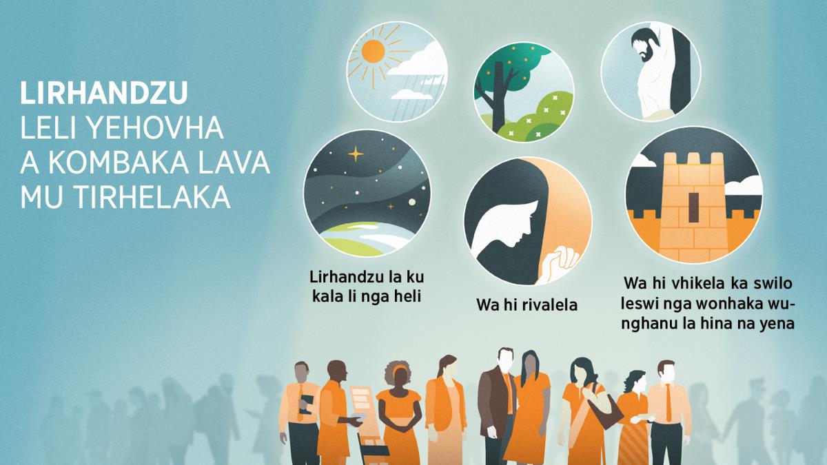 Vanhu lava tirhelaka Yehovha. Mafoto: Lirhandzu leli Yehovha a li kombaka lava mu tirhelaka. 1. Lirhandzu la ku kala li nga heli, li tlhamuseliwa ka mufoto lowu nga ni tinyeleti. 2. Ku rivalela, ku tlhamuseliwa ka mufoto lowu ku nga ni makwerhu lweyi a khongelaka. 3. Ku hi vhikela ka wunghanu la hina na yena, ku tlhamuseliwa ka mufoto lowu nga ni doropa leli nga vhikeliwa. A henhla ka mafoto lawa ku kombisiwa lirhandzu leli Yehovha a li kombaka vanhu hinkwavu. 4. Dlambu ni mpfula. 5. Mafilor, maplanta ni minsinya. 6. Lifu la Yesu.