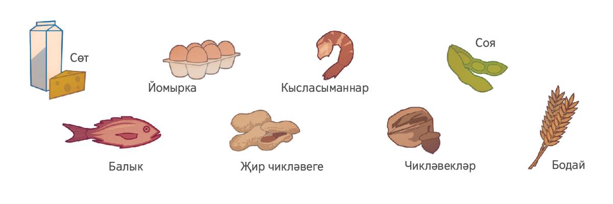 Сөт, йомырка, кысласыманнар, соя, балык, җир чикләвеге, чикләвекләр һәм бодай