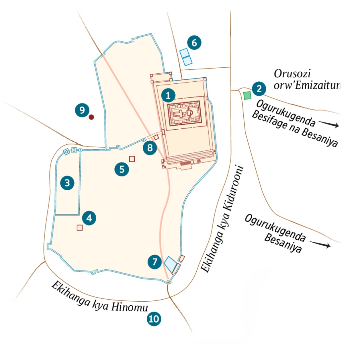 Maapu ya Yerusalemu n’ebiikaro ebigyetoroire. Ebiikaro ebimanyirwe n’ebisobora kuba bimanyirwe byolekerwe. 1. Yekaru. 2. Orugonjo rwa Gesesemane. 3. Ekikaali ky’Omulemi. 4. Enju ya Kayaafa. 5. Ekikaali Ekyakozesebwaga Herodi Antipa. 6. Ekidiba kya Besizasa. 7. Ekidiba kya Siroamu. 8. Ekisiika eky’Orukurato Orukuru. 9. Gologoosa. 10. Akeridama.