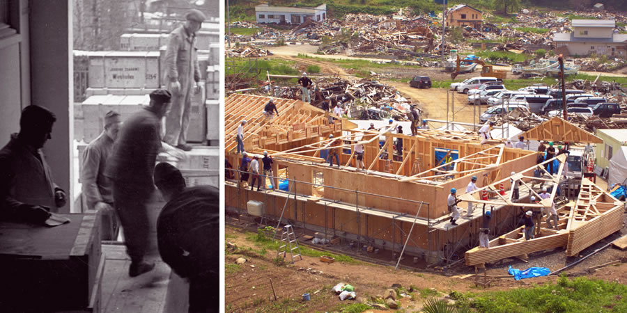 1. Ŵakupokera katundu ku Germany, 1946; 2. Mu 2011, Ŵakaboni ŵa Yehova ŵakazengaso Nyumba ya Ufumu iyo yikawa na tsunami ku Japan