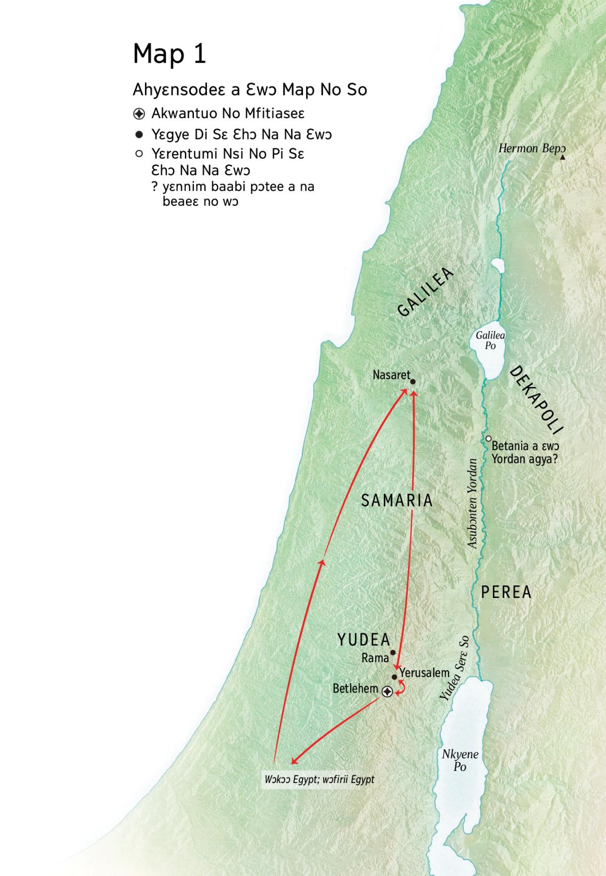 Map a ɛkyerɛ mmeaeɛ a ɛdi akotene wɔ Yesu asetena mu: Betlehem, Nasaret, Yerusalem