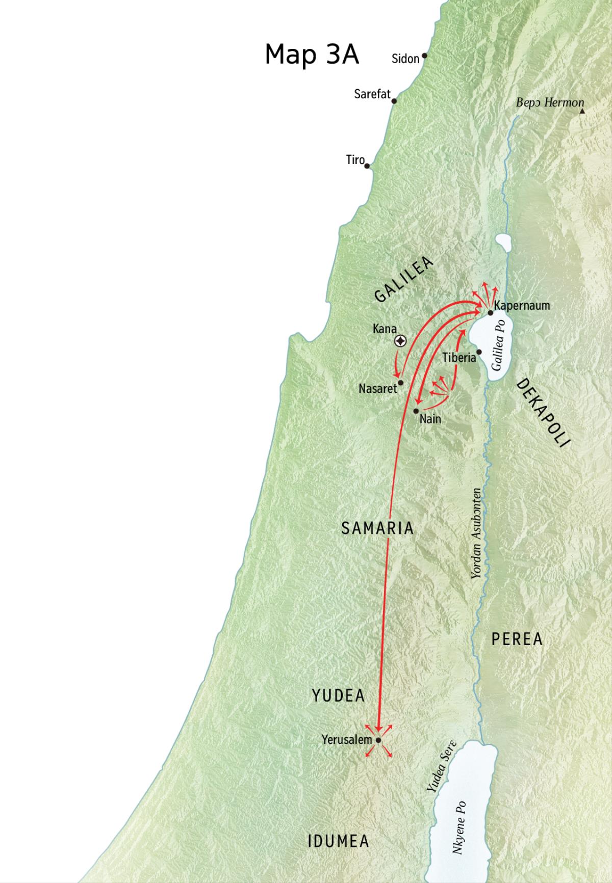 Map a ɛkyerɛ mmeaeɛ a Yesu yɛɛ ne som adwuma wɔ Galilea, Kapernaum, ne Kana