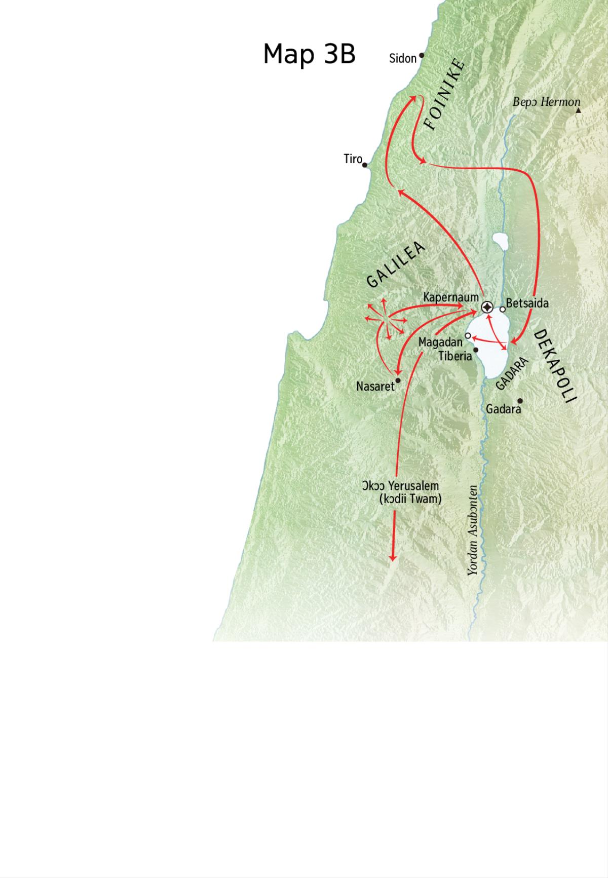 Map a ɛkyerɛ mmeaeɛ a Yesu yɛɛ ne som adwuma wɔ Galilea, Foinike, ne Dekapoli