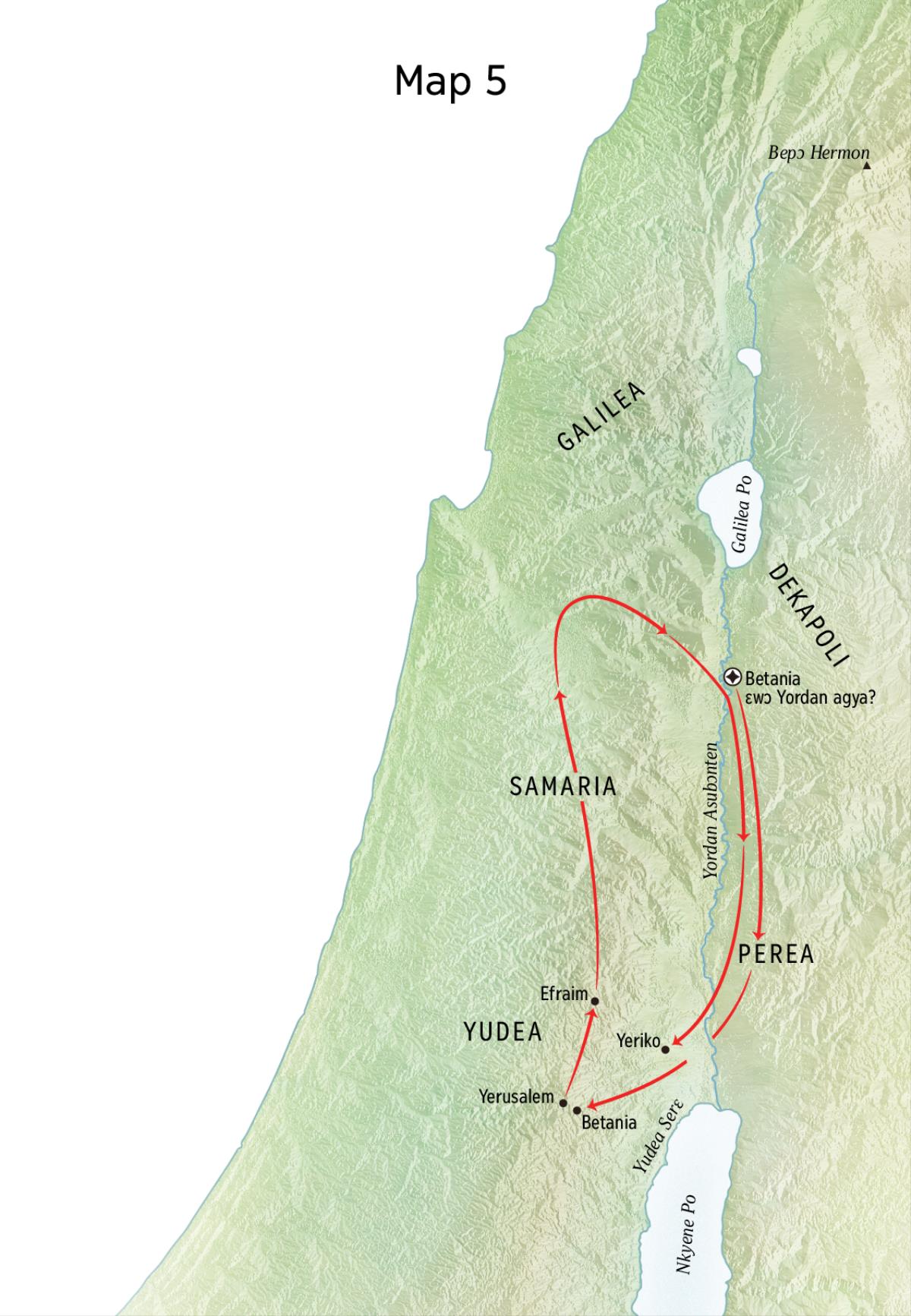 Map a ɛkyerɛ baabi Yesu yɛɛ ne som adwuma no; nkuro a ɛwɔ so no bi ne Betania, Yeriko, ne Perea