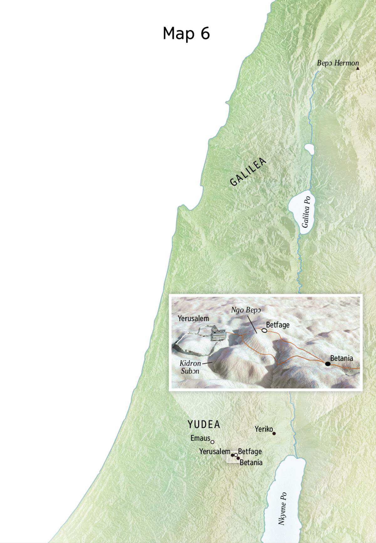 Map a ɛkyerɛ baabi a Yesu yɛɛ n’asɛnka adwuma a etwa toɔ; nkurow a ɛwɔ so no bi ne Yerusalem, Betania, Betfage, ne Ngo Bepɔ no