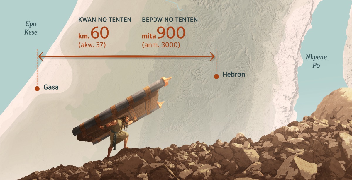 Samson atu kurow bi apon ne n’apongua ato n’abati reforo bepɔw bi, na abotan tintim fam hɔ. Map a ɛwɔ akyi hɔ no ma yehu kwan tenten a otwa fii Gasa kɔɔ Hebron, na ɛsan ma yehu bepɔw a ɔforoe no tenten.