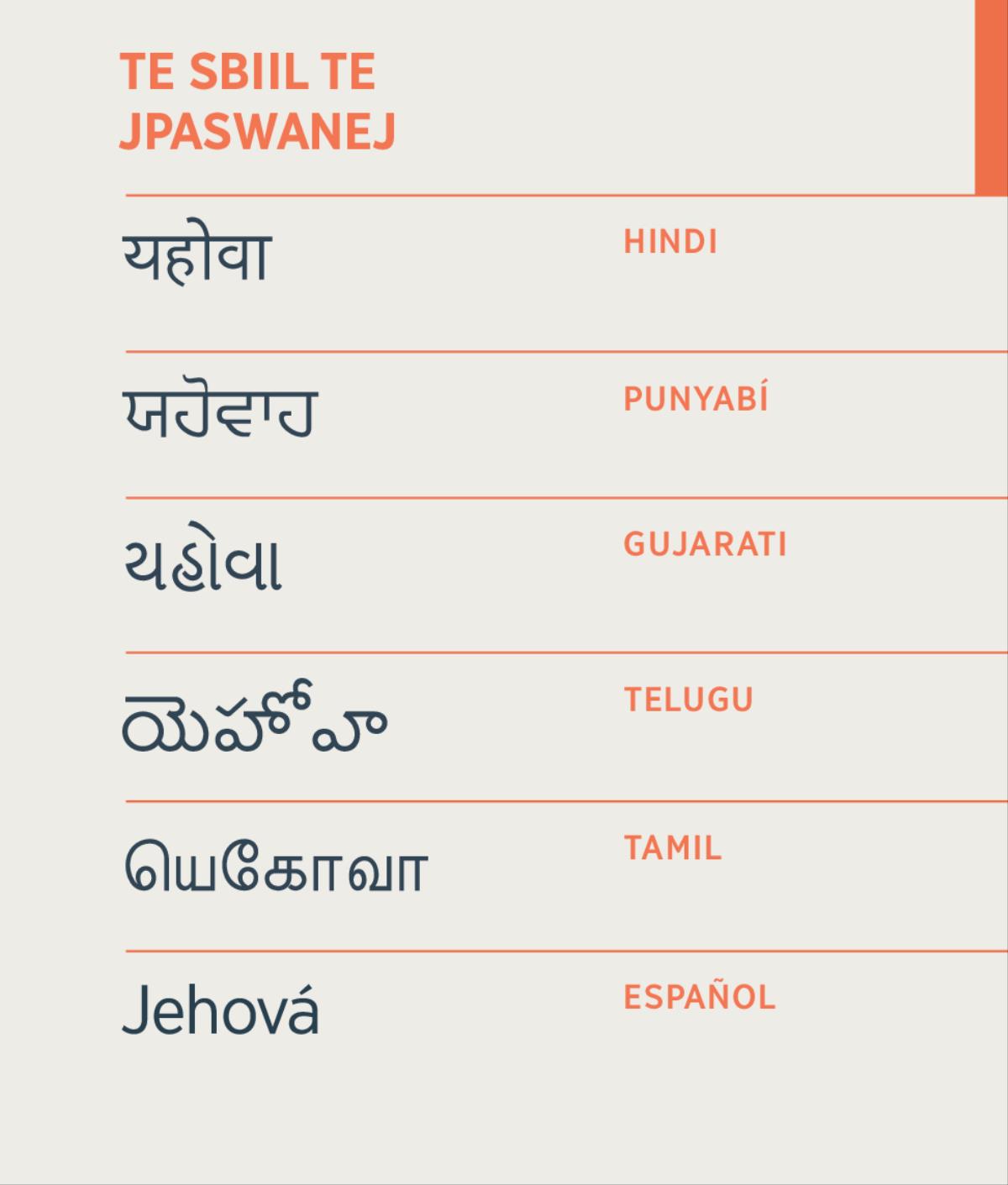 Te sbiil te Jehová, tsʼibaybil ta hindi, punyabí, gujarati, telugu, tamil sok ta español.