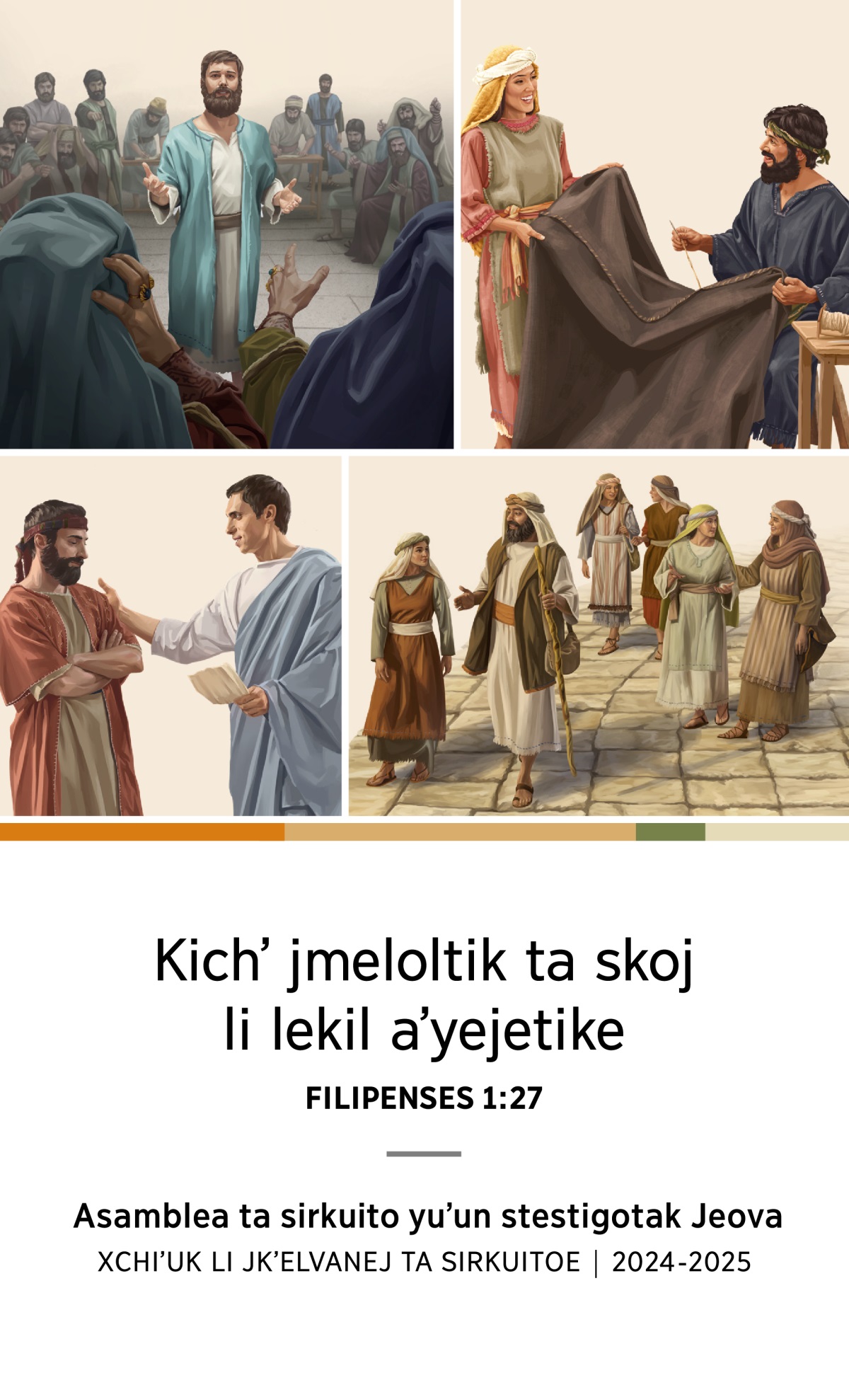 Lokʼoletik: 1. Li Estebane tspakbe skʼoplal li kʼusi xchʼunoj li ta Sanedrine. 2. Li Akila xchiʼuk Prisila yakal tsmeltsanik jun karpana. 3. Yakalik ta xanbal li Felipe, li yajnil xchiʼuk li chanvoʼ stsebetake. 4. Li Titoe yakal chchiʼin ta loʼil jun mol ta tsobobbail.