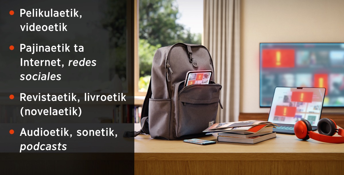 Jun tavleta tikʼil ta mochila, jun selular, livroetik xchiʼuk revistaetik, jun komputadora xchiʼuk s˗audifonoal, television. Ti butik xuʼ xvinaj li pornografiae: 1. Pelikulaetik, videoetik. 2. Pajinaetik ta IInternet, redes sociales. 3. Revistaetik, livroetik (novelaetik). 4. Audioetik, sonetik.