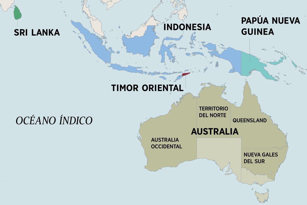 Jun mapa ta Australia xchiʼuk li lumetik ti te nopol xile ti jaʼik li Sri Lanka, Indonesia, Papúa Nueva Guinea xchiʼuk Timor Oriental. Li ta smapail Australiae chakʼ ta ilel li Territorio del Norte xchiʼuk li estadoetik ta Australia Occidentale ti jaʼik li Queensland xchiʼuk Nueva Gales del Sur.