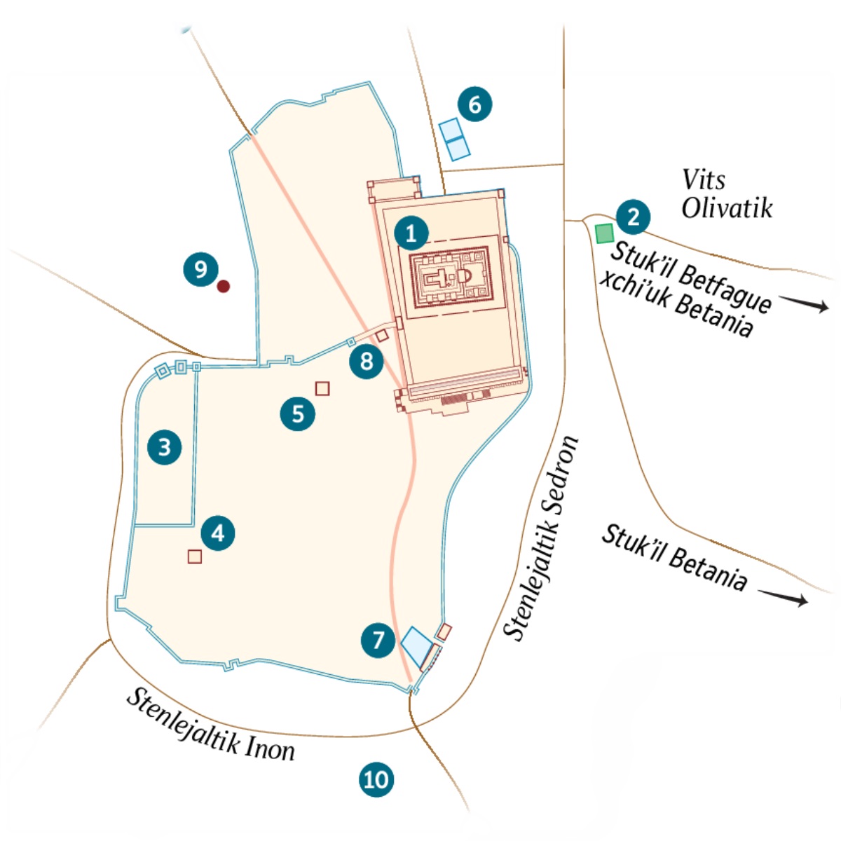 Jerusalen xchiʼuk spat xokon. Ti butik nabil lek bu xkome xchiʼuk ti bu mu xichʼ naʼel leke. 1. Templo 2. Nichimaltik Jetsemani 3. Spasob mantal ajvalil 4. Sna Kaifas 5. Spasob mantal ajvalil Erodes Antipas 6. Stankeal voʼ ta Betsata 7. Stankeal voʼ ta Siloam 8. Stsobobbailik Sanedrin 9. Golgota 10. Akeldama