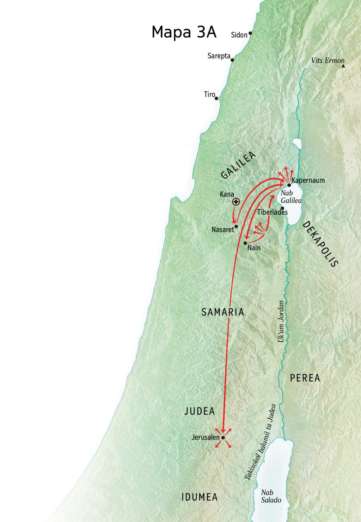 Mapa butik la xchol mantal Jesus ta Galilea, ta Kapernaum xchiʼuk ta Kana