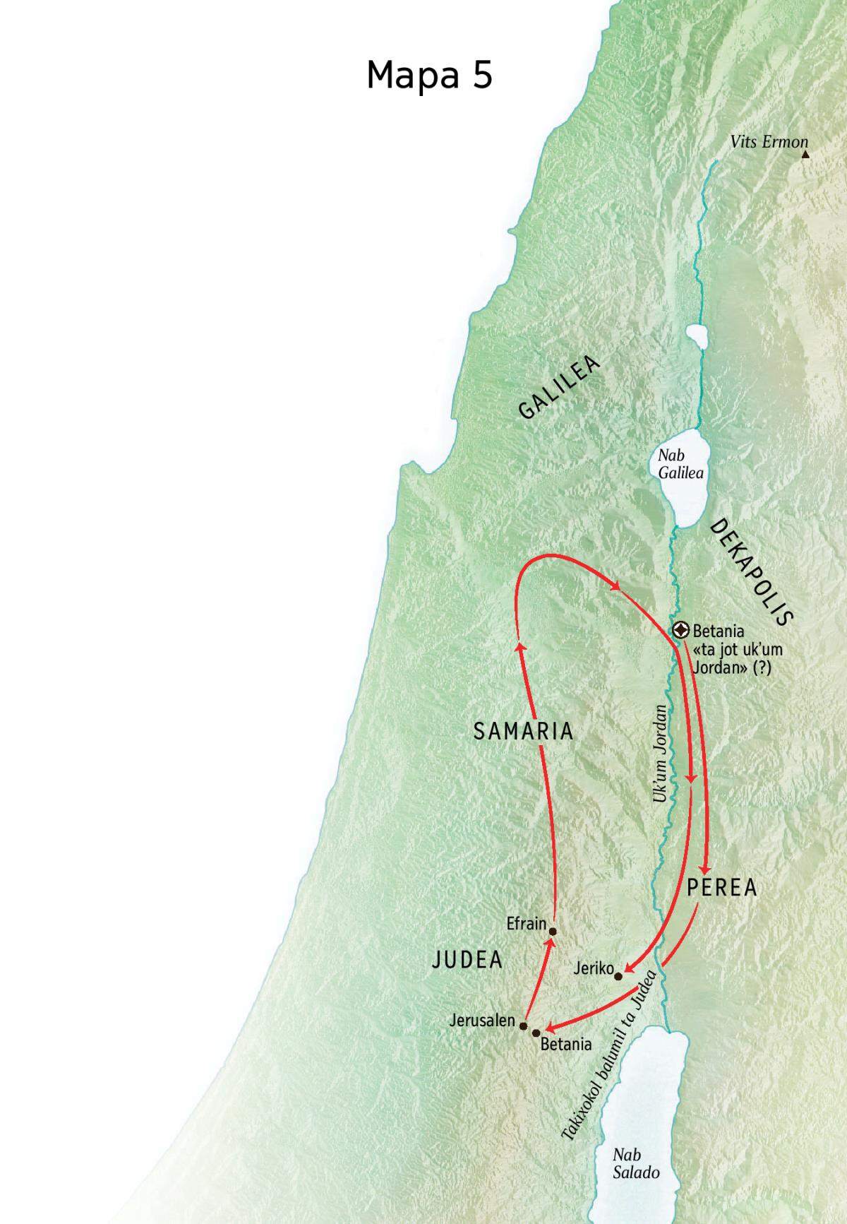 Mapa bu la xchol mantal Jesus ti tsakal skʼoplal Betania, Jeriko xchiʼuk Perea