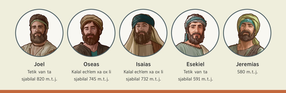 Slokʼol j-alkʼopetik ti la stak batel Jeova sventa xalbe mantal li steklumale: 1. Joel: tetik van ta sjabilal 820 m. t. j. 2. Oseas: kalal echʼem xa ox li sjabilal 745 m. t. j. 3. Isaias: kalal echʼem xa ox li sjabilal 732 m. t. j. 4. Esekiel: tetik van ta sjabilal 591 m. t. j. 5. Jeremias: 580 m. t. j.