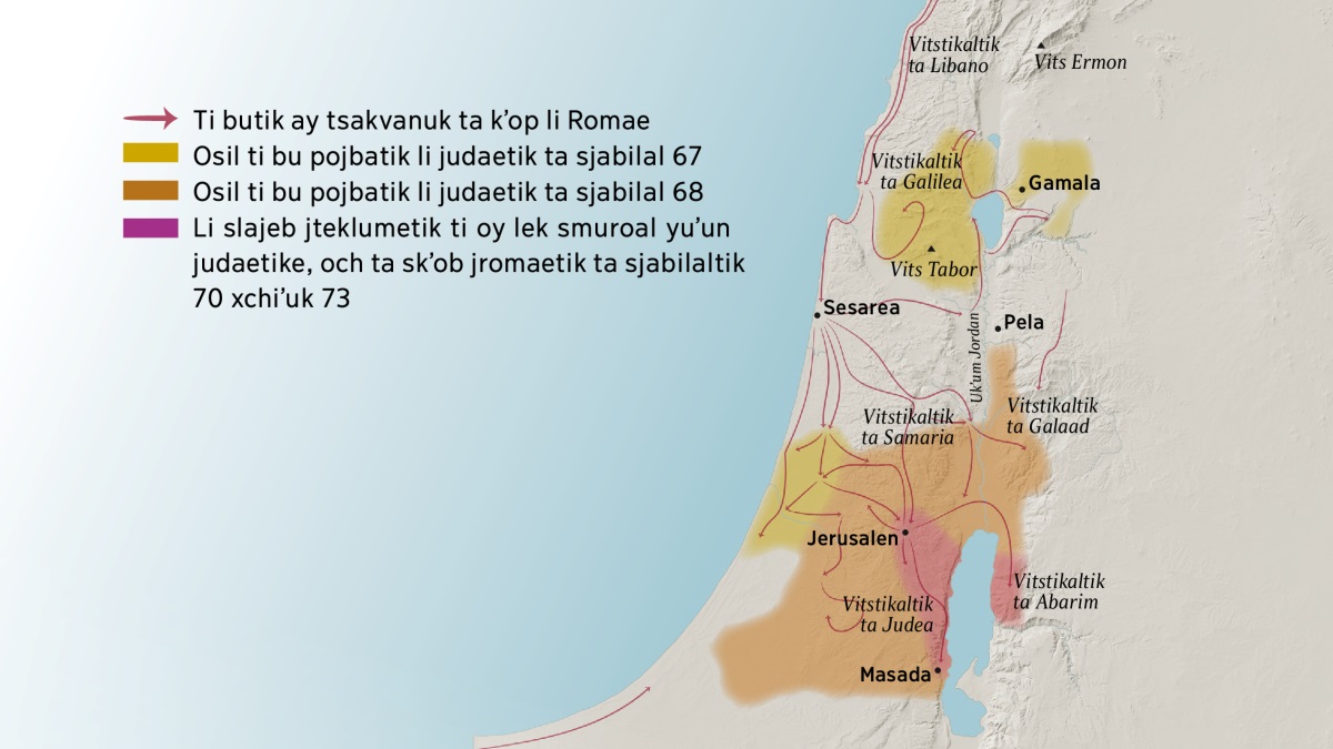 Jun mapa ti chakʼ ta ilel junantik vitstikaltik xchiʼuk jteklumetik li ta jteklum Israel li ta baʼyel sigloe. Li ta snorteal Jerusalene te oy li vitstikaltik ta Libano, ta Galilea, ta Samaria xchiʼuk li vitstikaltik ta Galaade, te xtok li vits Ermon xchiʼuk Tabor, jech xtok te oy li jteklum Gamala, Cesarea xchiʼuk Pela. Ta sural Jerusalene te oy li vitstikaltik Judea xchiʼuk li Abarim, te xtok li jteklum Masadae. Li ta mapa xtoke te chakʼ ta ilel ti butik ay tsakvanikuk ta kʼop li soltaroetik ta Romae xchiʼuk li jteklumetik ti pojbatik li judaetik li ta sjabilaltik 67 xchiʼuk 73.