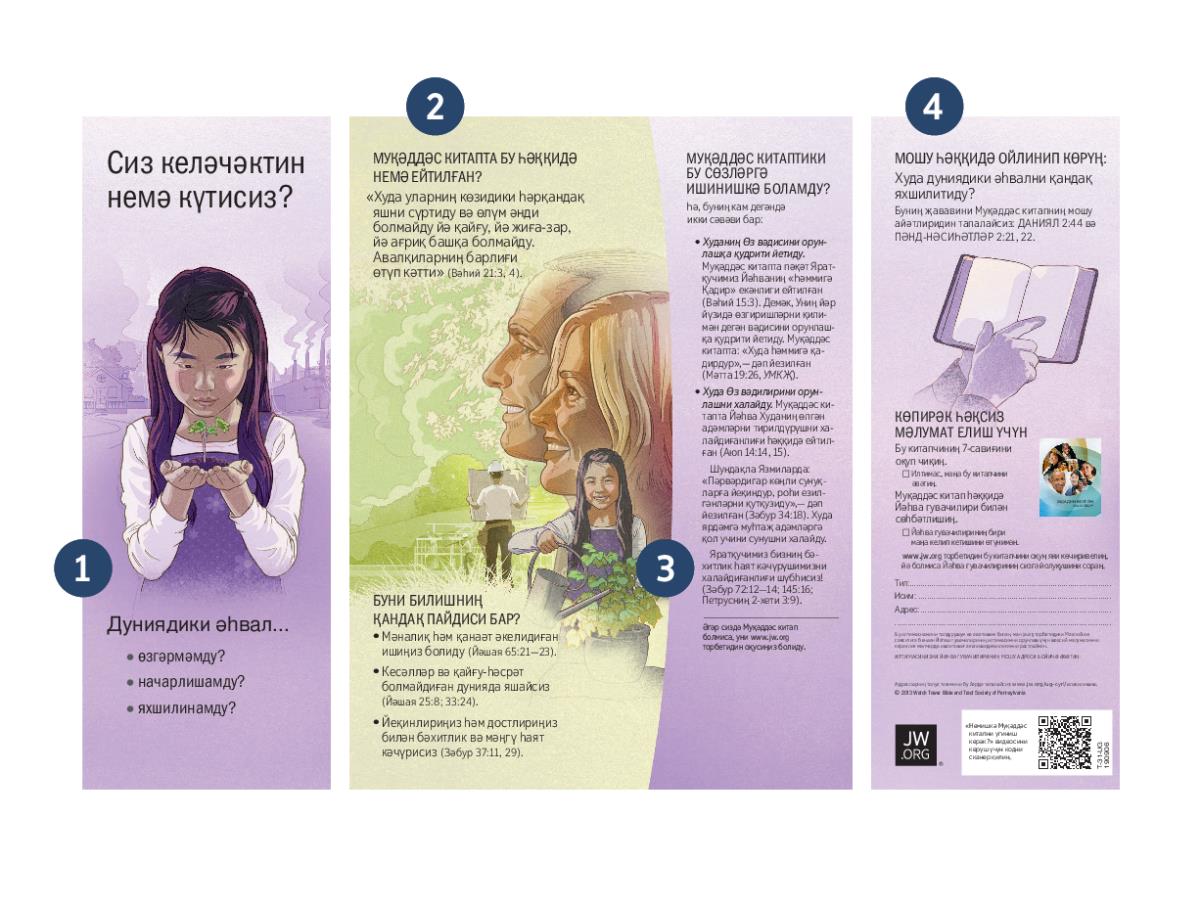 «Сиз келәчәктин немә күтисиз?» намлиқ варақчиниң төрт алаһидилиги көрситилиду.
