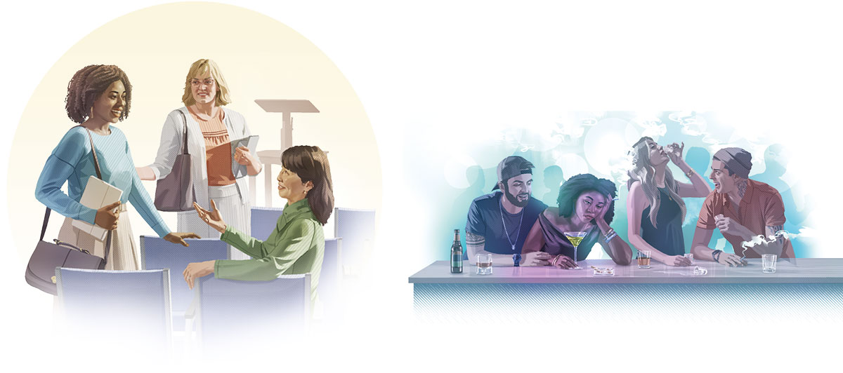 كوللاژ:‏ 1.‏ كۆڭلى يېرىم ياش ئايال يىگىتىنىڭ يېنىدا ئولتۇ‌رىدۇ.‏ ئۇ كە‌چلىك كۇ‌لۇ‌بتا دوستلىرى بىلە‌ن ھاراق ئىچىپ،‏ تاماكا چېكىۋاتىدۇ.‏ 2.‏ شۇ ياش ئايال يىغىلىش زالىدا قېرىنداشلار بىلە‌ن خۇ‌شال-‏خۇ‌رام پاراڭلىشىۋاتىدۇ.‏