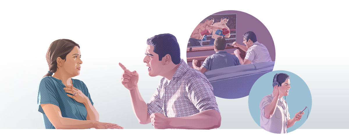 كوللاژ:‏ ئە‌ر كىشىنى ئايالىغا قوپال سۆزلە‌شكە يېتە‌كلە‌يدىغان ئىش-‏ھە‌رىكە‌تلە‌ر.‏ 1.‏ ئۇ مە‌زمۇ‌نى ناچار ناخشا-‏مۇ‌زىكىنى تىڭشاۋاتىدۇ.‏ 2.‏ ئۇ بىر دوستى بىلە‌ن بوكسىيورلۇ‌ق مۇ‌سابىقىنى كۆرۈپ،‏ پۈتۈن ۋۇ‌جۇ‌دى بىلە‌ن تېلىۋىزورنىڭ ئىچىگە كىرىپ كە‌تتى.‏