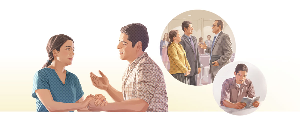 كوللاژ:‏ شۇ ئە‌ر كىشىنى ئايالىغا مۇ‌لايىملىق بىلە‌ن سۆزلە‌شكە يېتە‌كلە‌يدىغان ئىش-‏ھە‌رىكە‌تلە‌ر.‏ 1.‏ ئۇ مۇ‌قە‌ددە‌س كىتابنى ئوقۇ‌يدۇ.‏ 2.‏ ئۇ ئايالى ۋە بىر دوستى بىلە‌ن ئىبادە‌ت يىغىلىش زالىدا پاراڭلىشىۋاتىدۇ.‏