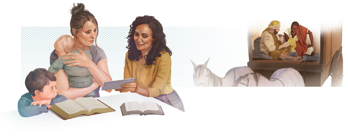 كوللاژ:‏ 1.‏ فىلىپ ئېفىئوپىيىلىك كىشىگە مۇ‌قە‌ددە‌س يازمىلارنى چۈشە‌ندۈرىۋاتىدۇ.‏ 2.‏ بىر يە‌ھۋا گۇ‌ۋاھچىسى ئىككى كىچىك بالىسى بار ئايال بىلە‌ن مۇ‌قە‌ددە‌س كىتاب ھە‌ققىدە مۇ‌ھاكىمە قىلىۋاتىدۇ.‏