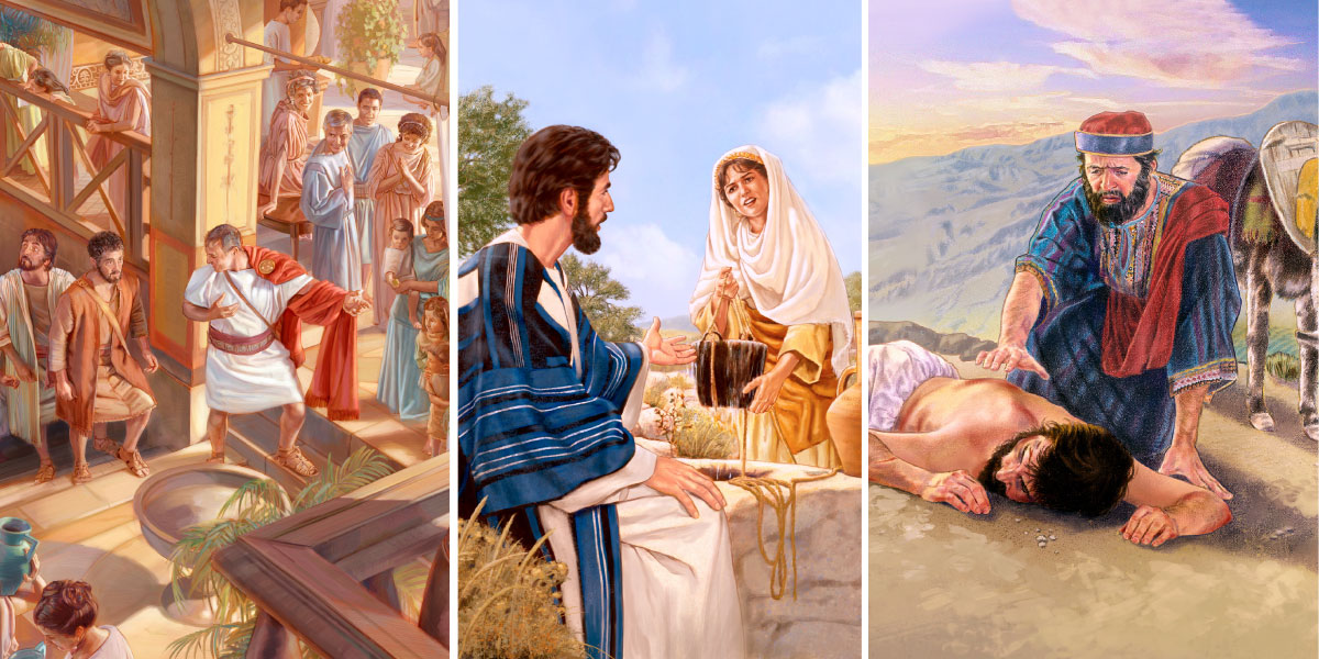 سامارىيە‌لىك ياخشى ئادە‌م يارىلانغان يە‌ھۇ‌دىي كىشىگە ياردە‌م بېرىۋاتىدۇ؛‏ ئە‌يسا قۇ‌دۇ‌ق بېشىدا سامارىيە‌لىك ئايال بىلە‌ن پاراڭلىشىۋاتىدۇ؛‏ پېترۇ‌س كورنىلىينىڭ ئۆيىگە كىرىۋاتىدۇ