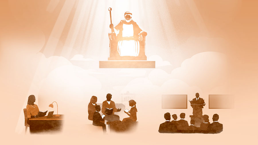 ئە‌يسا ئاسماندا تە‌ختىدە ئولتىرىۋاتىدۇ،‏ يە‌ھۋا ئۇ‌نىڭغا نۇ‌ر چېچىۋاتىدۇ.‏ ئە‌يسانىڭ ئالدىدا جامائە‌ت يىغىلىشلار،‏ ئائىلىۋى ئىبادە‌ت ۋە يالغۇ‌ز ئۆتۈۋاتقان قېرىنداشنىڭ شە‌خسىي ئۆگىنىش تە‌سۋىرلىنىدۇ.‏