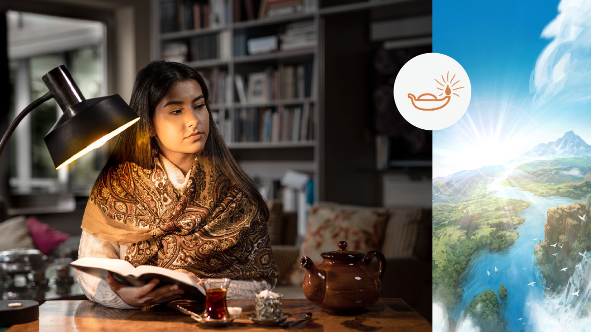 كوللاژ:‏ چىراق.‏ 1.‏ تاغلار،‏ يېشىل جىلغىلار ۋە دە‌رياسى بار يە‌ر يۈزى جە‌ننە‌ت.‏ 2.‏ ياش ئايال مۇ‌قە‌ددە‌س كىتابتىن ئوقۇ‌غانلىرى ھە‌ققىدە ئويلىنىۋاتىدۇ.‏