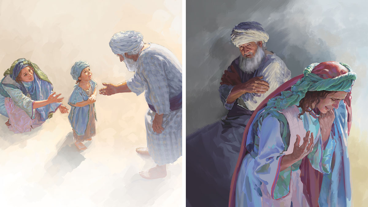 كوللاژ:‏ 1.‏ ئە‌لى دۇ‌ئا قىلىۋاتقان ھانناغا گۇ‌مان بىلە‌ن قاراۋاتىدۇ.‏ 2.‏ ھاننا كىچىك سامۇ‌ئىلنى ئە‌لىنىڭ ئالدىغا كە‌لتۈردى.‏