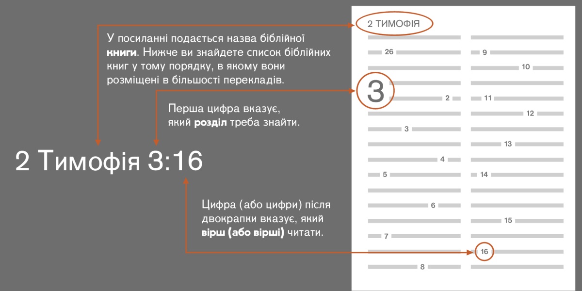 Як знаходити вірші в Біблії на прикладі 2 Тимофія 3:16. Посилання починається з назви біблійної книги, тобто 2 Тимофія (нижче дивіться список біблійних книг у тому порядку, в якому вони розміщені в більшості перекладів). Перше число вказує, який розділ треба знайти,— в нашому випадку це третій розділ. Число (або числа) після двокрапки вказує, який вірш (або вірші) читати,— в нашому випадку це вірш 16.