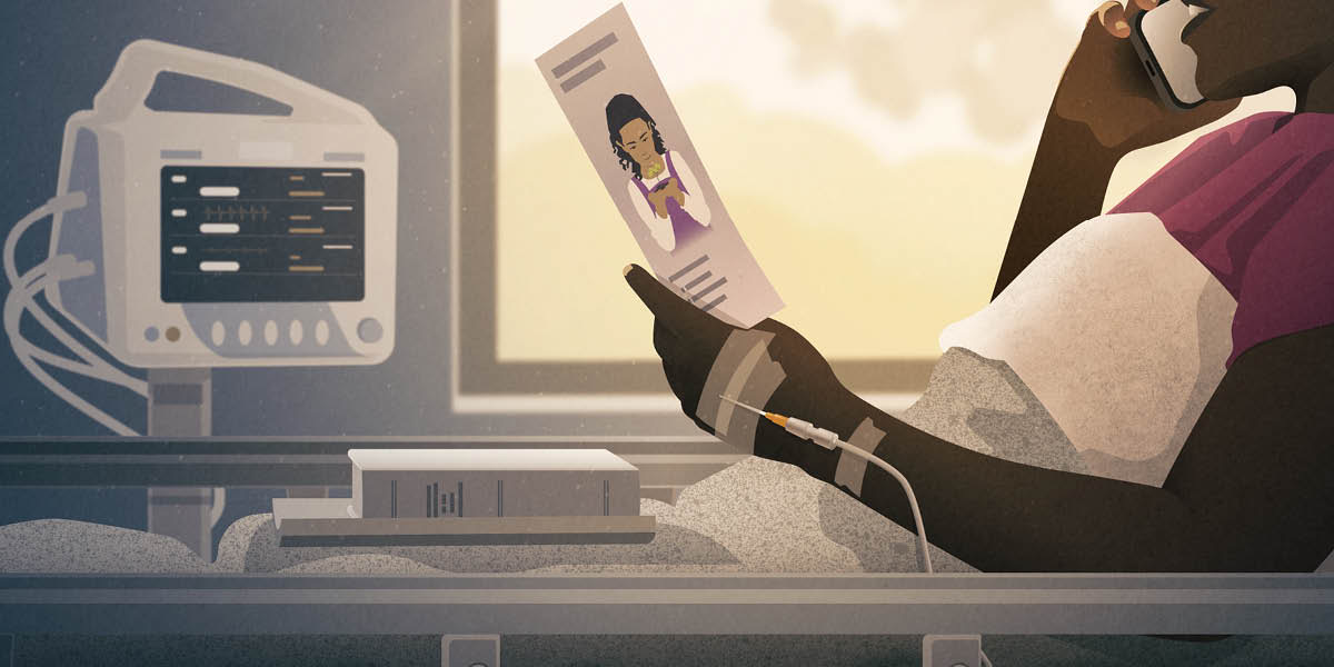 Жінка на лікарняному ліжку проповідує по телефону.