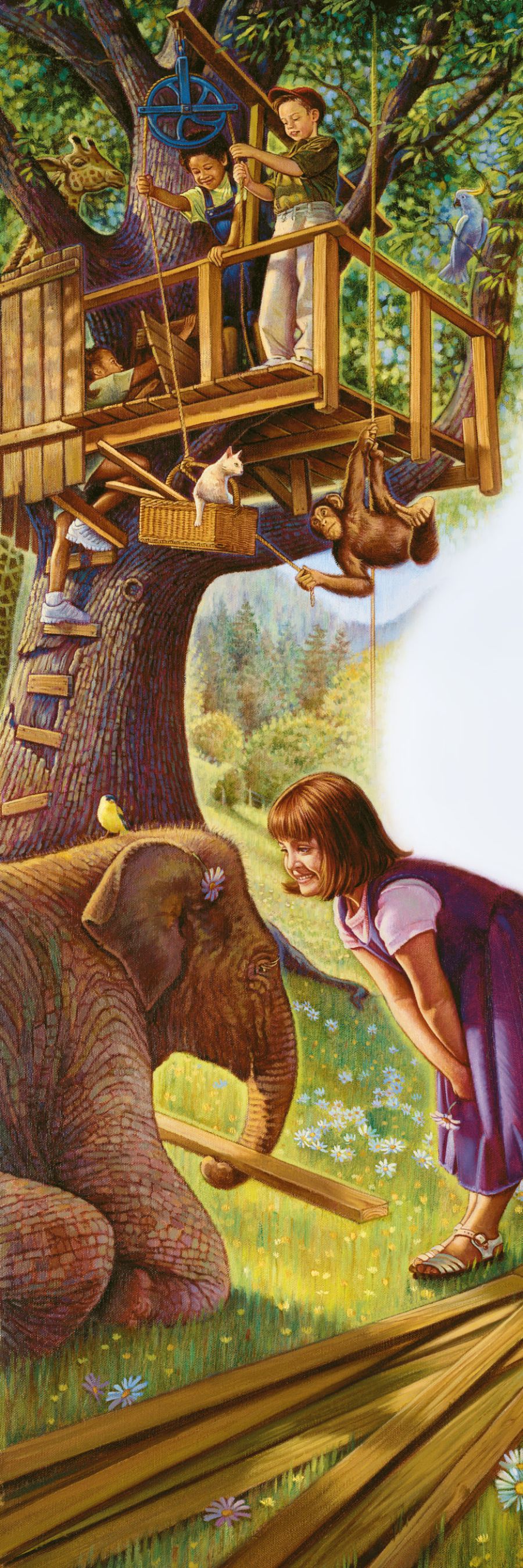 Діти у будиночку на дереві бавляться з тваринами