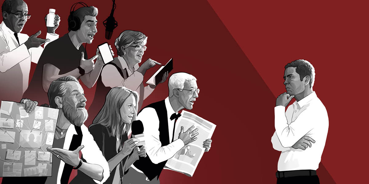 Чоловік розглядає інформацію в різних джерелах.