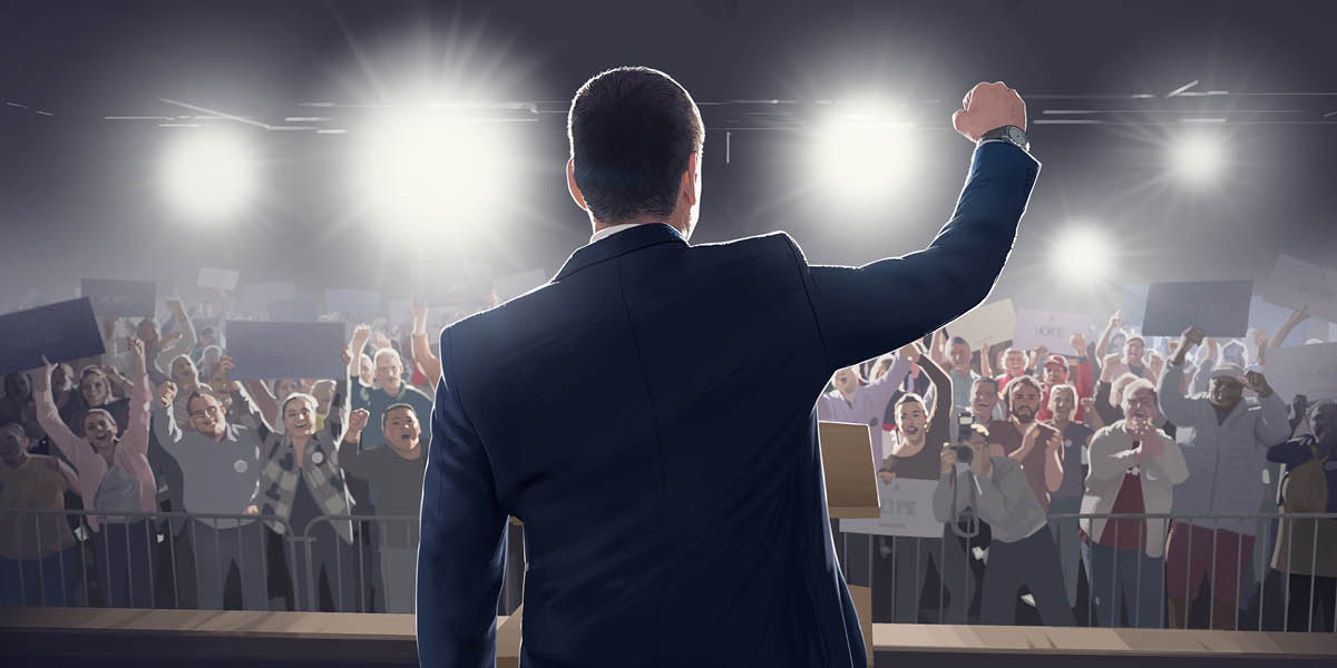 Політик підбурює натовп людей на мітингу.