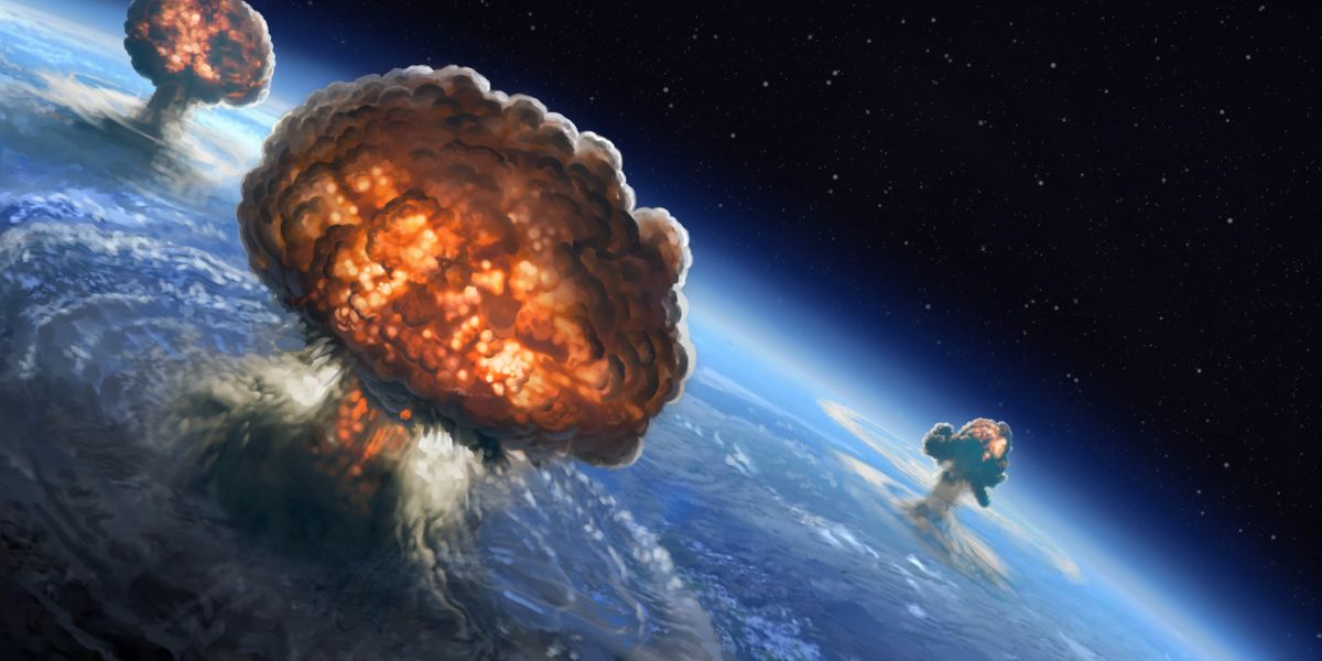 Поверхня планети Земля, на якій видно грибоподібні вогняні хмари від ядерних вибухів.