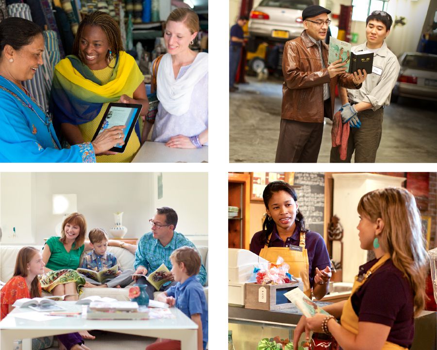 Сестри показують жінці відео; брат свідчить чоловікові в гаражі; батьки разом з дітьми проводять сімейне поклоніння; сестра свідчить співпрацівниці