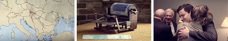 Колаж: Зображення з відео «Єдність в часи заборони». 1. Карта, на якій вказано країни Східної Європи, де була заборона. 2. Мімеограф. 3. Румунські брати обіймають один одного.