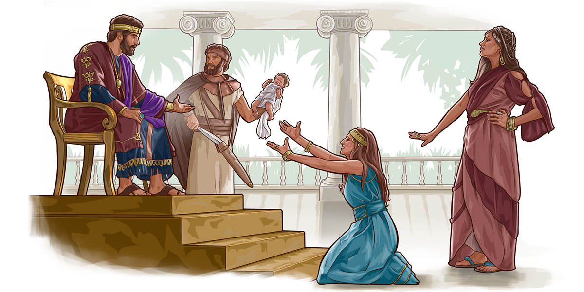 Соломон розсуджує двох повій, кожна з яких стверджує, що є матір’ю живого хлопчика.