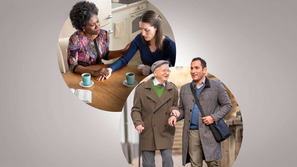 Колаж: 1) Сестра потішає пригнічену молоду сестру. 2) Молодий брат з радістю допомагає літньому брату під час служіння.