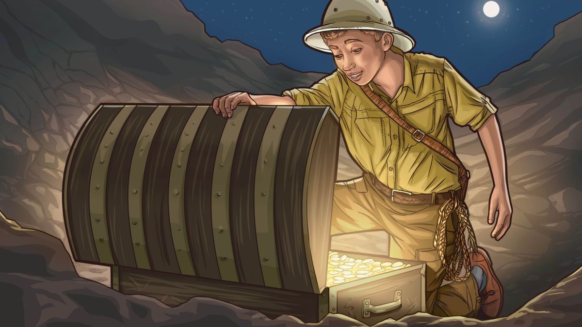 Молодий хлопець, одягнений як дослідник, із захопленням відкриває скриню зі скарбами.