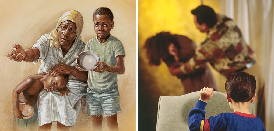 A widow and her children beg for food; a child watches a man physically abuse his mother
