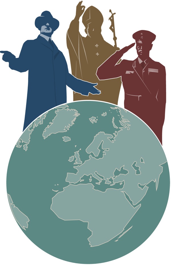 Політик, священик і генерал біля земної кулі