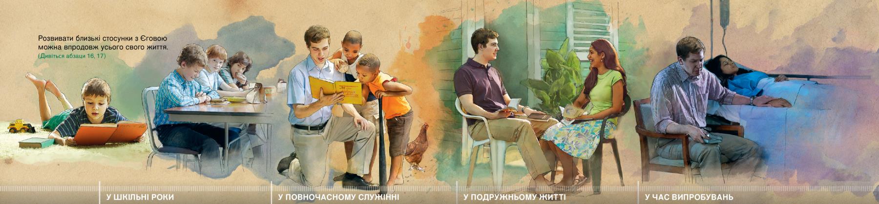 Молодий чоловік розвиває тісні стосунки з Єговою: 1. У шкільні роки; 2. У повночасному служінні; 3. У подружньому житті; 4. У час випробувань