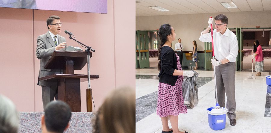 Присутні слухають, як старійшина виголошує промову; старійшина допомагає прибирати місце поклоніння