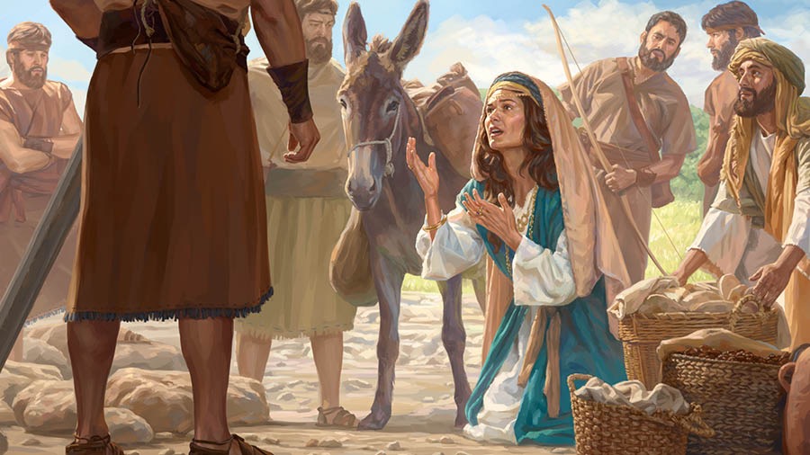 Авігаїл розмовляє з Давидом, стоячи на колінах.