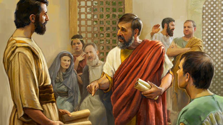 На зібранні у першому сторіччі брат сперечається з Тимофієм. Дехто з присутніх шокований, а дехто насміхається з Тимофія.