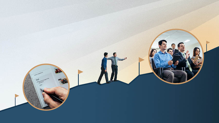 Брат зі своїм зацікавленим піднімається по схилу, минаючи проміжні пункти. Колаж: 1. Зацікавлений записує ціль, якої хоче досягти, у своєму примірнику книжки «Будьте щасливі тепер і завжди!». 2. Зацікавлений прийшов на зібрання.