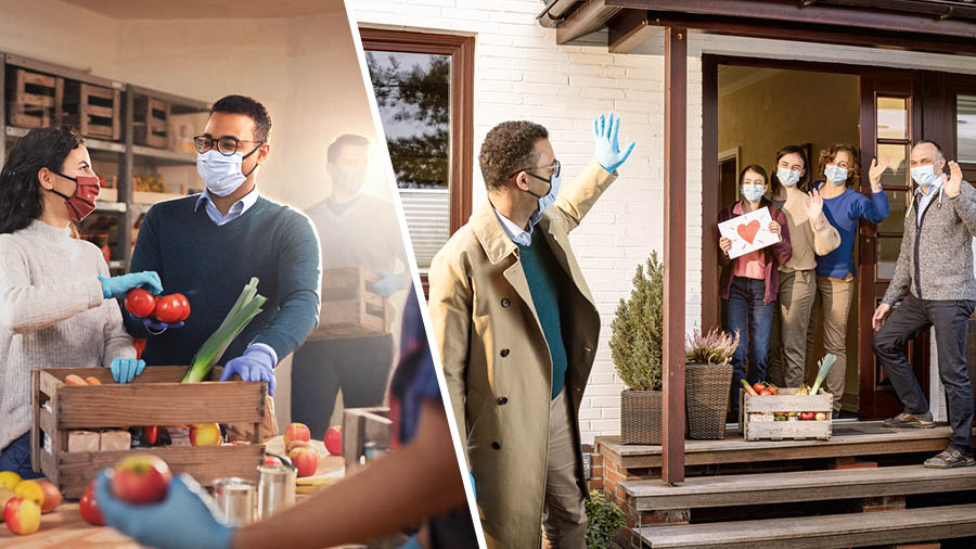 Колаж: 1. Брати і сестри збирають пайки на продуктовому складі. 2. Брат доставляє пайок сім’ї.