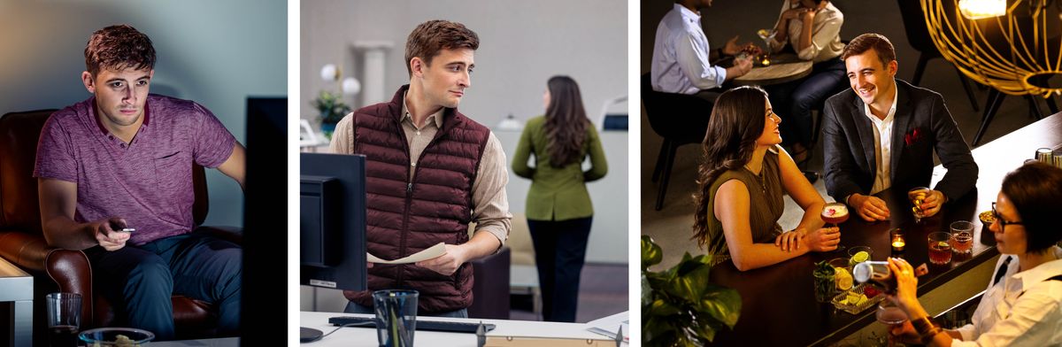 Колаж: 1. Брат дивиться телевізор пізно ввечері. 2. Він оглядається на співробітницю. 3. Разом з тією співробітницею він випиває у барі.